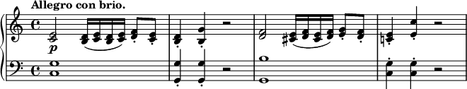 
 \relative c' {
  \new PianoStaff <<
   \new Staff { \key c \major \time 4/4 \tempo "Allegro con brio."
    <e c>2 <d b>16( <e c> <d b> <e c>) <f d>8-. <e c>-. <d b>4-. <g b,>-. r2
    <f d>2 <e cis>16( <f d> <e cis> <f d>) <g e>8-. <f d>-. <e c!>4-. <c' e,>-. r2
   }
   \new Dynamics {
    s2\p
   }
   \new Staff { \key c \major \time 4/4 \clef bass
    <g, c,>1 <g g,>4-. <g g,>-. r2 <b g,>1 <g c,>4-. <g c,>-. r2
   }
  >>
 }
