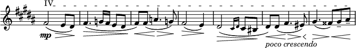 
\relative c' {
 \new Staff \with { \remove "Time_signature_engraver" } {
  \set Score.tempoHideNote = ##t \tempo "" 4=126 \key b \major \time 3/4
  \override TextSpanner.bound-details.left.text = \markup { \upright "IV" }
  fis2\startTextSpan \mp \> ( e8 dis\! ) fis4.\> ( g16 fis e8 dis fis\< ) fis( a4.\> g8\! )
  fis2\> ( e4\! ) dis2\>( \grace { cis16 dis } cis8 bis\!
  dis\< _\markup { \italic { poco crescendo } } ) dis( fis4.\> eis8\< )
  gis4.\> ( fisis8\< ) gis-- ais--\! \stopTextSpan
  
 }
}
