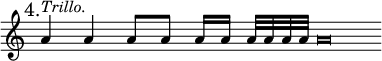 { \mark "4." \override Score.TimeSignature #'stencil = ##f \relative a' { \cadenzaOn \override Staff.NoteHead.style = #'baroque
  a4^\markup \italic "Trillo." a a8[ a] a16[ a] a32[ a a a] a\breve } }