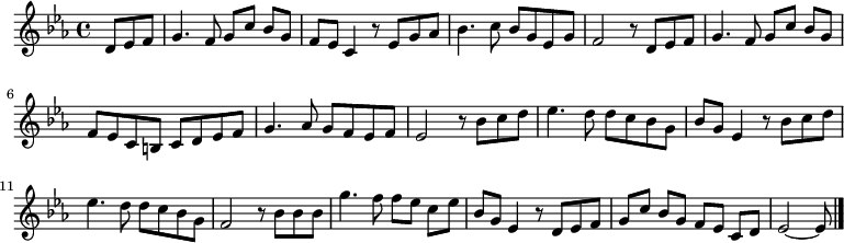 \new Staff \relative d'{

 \clef "treble" \key es \major \time 4/4 \partial 4. d8 [ es8 f8 ] | % 1
 g4. f8 g8 [ c8 ] bes8 [ g8 ] | % 2
 f8 [ es8 ] c4 r8 es8 [ g8 as8 ] | % 3
 bes4. c8 bes8 [ g8 es8 g8 ] | % 4
 f2 r8 d8 [ es8 f8] | % 5
 g4. f8 g8 [ c8 ] bes8 [ g8 ] \break | % 6
 f8 [ es8 c8 b8 ] c8 [ d8 es8 f8 ] | % 7
 g4. as8 g8 [ f8 es8 f8 ] | % 8
 es2 r8 bes'8 [ c8 d8 ] | % 9
 es4. d8 d8 [ c8 bes8 g8 ] | \barNumberCheck #10
 bes8 [ g8 ] es4 r8 bes'8 [ c8 d8 ] \break | % 11
 es4. d8 d8 [ c8 bes8 g8 ] | % 12
 f2 r8 bes8 [ bes8 bes8 ] | % 13
 g'4. f8 f8 [ es8 ] c8 [ es8 ] | % 14
 bes8 [ g8 ] es4 r8 d8 [ es8 f8 ] | % 15
 g8 [ c8 ] bes8 [ g8 ] f8 [ es8 ] c8 [ d8 ] | % 160
 es2 ~ es8 \bar "|."
}