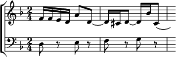 \new ChoirStaff <<
  \new Staff \relative f' { \key d \minor \time 2/4
    f16 f e d a'8 d, ~ d16 cis d8 ~ d16 bes' cis,8( | s) }
  \new Staff \relative d { \clef bass \key d \minor
    d8 r e r | f r g r s } >>