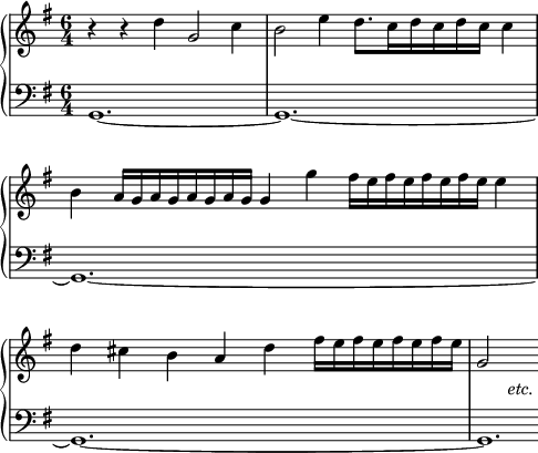 
\language "italiano"
global = { \time 6/4 \key sol \major }
hautMusic = \relative do' {
  \clef "treble"
  r4 r re' sol,2 do4 | si2 mi4 re8.[ do16 re do re do] do4 | \break
  si la16*1/2[ sol la sol la sol la sol] sol4 sol' fad16*1/2[ mi fad mi fad mi fad mi] mi4 | \break
  re dod si la re fad16*1/2[ mi fad mi fad mi fad mi] | sol,2_\markup { \lower # 2.5 { \hspace #4 { \italic "etc." }}}
}
basMusic = \relative do {
  \clef "bass"
  sol1.~ | sol~ | \break
  sol~ | \break
  sol~ | sol1.*1/3
}
\score {
  <<  
    \new PianoStaff <<
      \new Staff = "sopranos"
      <<
        \new Voice = "sopranos" {
          \global
          \hautMusic
        }
      >>
      \new Staff = "altos"
      <<
        \new Voice = "altos" {
          \global
          \basMusic
        }
      >>
    >>  % end PianoStaff
  >>
    \layout {
    \context { \Staff \RemoveEmptyStaves }
    \context { \Voice \consists "Horizontal_bracket_engraver" }
    indent = 0\cm
    \override Score.BarNumber #'stencil = ##f
    line-width = #120
  }
  \midi { }
}
\header { tagline = ##f}
