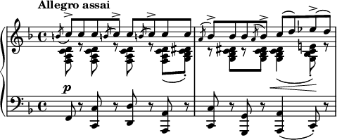 
 \relative c' {
 \new PianoStaff <<
 \new Staff { \key f \major \set Score.tempoHideNote = ##t \tempo "Allegro assai" 4=144 \time 4/4
 <<
 {
 \slashedGrace b'8_( \stemUp c) -> c c \acciaccatura b! c-> c \acciaccatura b! c-> c c
 \acciaccatura a bes-> bes bes \acciaccatura a bes-> c( d) es!-> ( d)
 }
 \\
 {
 <d, c a f> r <d c a f> r <d c a f> r <d c a f>( <dis c bes g>-. )
 r <dis c bes g>[ r <dis c bes g>] <dis c bes g>4( <e! c bes g>8-. ) r
 }
 >>
 }
 \new Dynamics {
 s4\p s2. s2 s4\< s8\!
 }
 \new Staff { \key f \major \time 4/4 \clef bass
 \grace s8 f,, r <c' c,> r <d d,> r <a a,> r <c c,> r <g g,> r <a a,>4( c,8-. ) r
 }
 >>
 }
