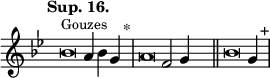 
\language "français" % pour avoir du sol, la etc...
\relative {  \key sol \minor \tempo "Sup. 16."   
            \set Score.tempoHideNote = ##t \tempo 4 = 200 \cadenzaOn 
            \override Score.TimeSignature.stencil = ##f 
            \override Score.SpacingSpanner.common-shortest-duration = #(ly:make-moment 1 2) 
^\markup {\small Gouzes}
\tweak duration-log #-1 \tweak Stem.stencil ##f
sib'2 la4 sib4 sol4 s4.^"*"\bar "|" 
\tweak duration-log #-1 \tweak Stem.stencil ##f
la2 fa2 sol4 s4.\bar "||"
\tweak duration-log #-1 \tweak Stem.stencil ##f
sib2 sol4 s4.^"+"\bar "|" 
 \cadenzaOff }
