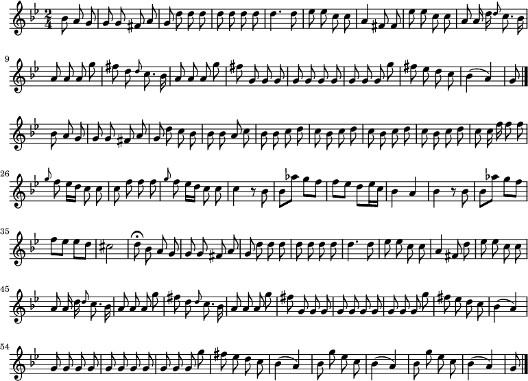 
\relative c'' {
  \key g \minor
  \time 2/4
  \partial 4.
  \autoBeamOff
  bes8 a g
  g g fis a
  g d' d d
  d d d d
  d4. d8
  es es c c
  a4 fis8 fis
  es' es c c

  a a16 d \grace d8 c8. bes16
  a8 a a g'
  fis d \grace d c8. bes16
  a8 a a g'
  fis g, g g
  g g g g
  g g g g'

  fis es d c
  bes4( a)
  g8 \bar "|." bes a g
  g g fis a
  g d' c bes
  bes bes a c
  bes bes c d
  c bes c d

  c bes c d
  c bes c d
  c c16 f f8 f
  \grace g f es16[ d] c8 c
  c f f f
  \grace g f es16[ d] c8 c
  c4 r8 bes

  bes[ aes'] g[ f]
  f[ es] d[ es16 c]
  bes4 a
  bes r8 bes
  bes[ aes'] g[ f]
  f[ es] es[ d]
  cis2
  d8\fermata bes a g
  g g fis a
  g d' d d
  d d d d
  d4. d8
  es es c c
  a4 fis8 d'
  es es c c
  a a16 d \grace d8 c8. bes16
  a8 a a g'
  fis d \grace d c8. bes16
  a8 a a g'
  fis g, g g
  g g g g
  g g g g'
  fis es d c
  bes4( a)
  g8 g g g

  %tourne

  g g g g
  g g g g'
  fis es d c
  bes4( a)
  bes8 g' es c
  bes4( a)
  bes8 g' es c
  bes4( a)
  g8
  \bar "|."
}
