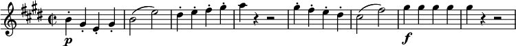
\relative b' {
 \key e \major \time 2/2
 \set Score.tempoHideNote = ##t \tempo 1 = 116
 \set Staff.midiInstrument = "violin"

 b4-.\p gis-. e-. gis-. |
 b2(e) |
 dis4-. e-. fis-. gis-. |
 a4 r r2 |
 gis4-. fis-. e-. dis-. |
 cis2(fis) |
 gis4\f gis gis gis |
 gis r4 r2 |
}
