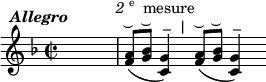 
\language "italiano"
\score {
    \relative do'' { 
      \time 2/2
      \key fa \major
      \tempo \markup { \hspace #-5 { \italic "Allegro" }}
      s4 s s s | 
      \cadenzaOn
      <la fa>8[(^\markup { \hspace#0.5 \musicglyph "ties.lyric.short" }  
      <sib sol>]^\markup { \hspace#0.5 \musicglyph "ties.lyric.short" } 
      <sol do,>4)^\markup { \hspace #1 \musicglyph "scripts.tenuto" } 
      s8^\markup { \hspace #-1 "|" } s 
      <la fa>8[(^\markup { \hspace#0.5 \musicglyph "ties.lyric.short" }  
      <sib sol>]^\markup { \hspace#0.5 \musicglyph "ties.lyric.short" } 
      <sol do,>4)^\markup { \hspace #1 \musicglyph "scripts.tenuto" }
      s^\markup { \hspace #-20 \italic "2" \super "e" " mesure" }
    }
 \layout {
    \context { \Staff \RemoveEmptyStaves }
    indent = 0\cm
    line-width = #120
    \override Score.BarNumber #'stencil = ##f
  }
  \midi { }
}
\header { tagline = ##f}
