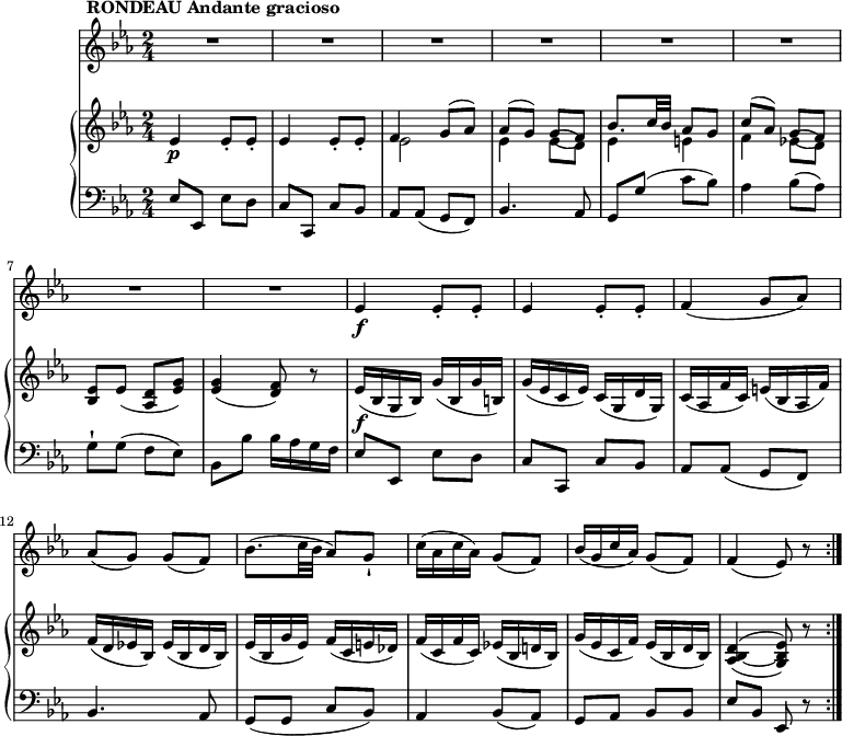 
\version "2.18.2"
\header {
 tagline = ##f
}
upper = \relative c'' {
 \key ees \major
 \time 2/4
 \tempo 4 = 65
 ees,4\p ees8-. ees-.
 ees4 ees8-. ees-.
 <<{\stemDown ees2 ees4 ees8 (d) ees4 e f ees!8 (d)} \\ { \stemUp f4 g8 ^(aes) aes ^ (g) g (f) bes8. c32 bes aes8 g c ^(aes) g (f)}>>
 <ees bes> ees (<d aes> <ees g>))
 <ees g>4 ( <d f>8) r
 ees16\f (bes g bes) g' (bes, g' b,)
 g' (ees c ees) c (g d' g,)
 c (aes f' c) e (bes aes f')
 f (d ees! bes) ees (bes d bes)
 ees (bes g' ees) f (c e! des)
 f (c f c) ees! (bes d! bes)
 g' (ees c f) ees (bes d bes)
 \set doubleSlurs = ##t <aes bes ~ d>4 (<g bes ees>8) r \bar ":|."
 }
 
lower = \relative c {
 \clef bass 
 \key ees \major
 \time 2/4
 
 ees8 ees, ees' d
 c8 c, c' bes
 aes aes (g f)
 bes4. aes8
 g g' (c bes)
 aes4 bes8 (aes)
 g-! g (f ees)
 bes bes' bes16 aes g f
 ees8 ees, ees' d
 c8 c, c' bes
 aes aes (g f)
 bes4. aes8
 g (g c bes)
 aes4 bes8 (aes)
 g aes bes bes
 ees bes ees, r \bar ":|."
 }
 
 vl = \relative c'' {
 \key ees \major
 \time 2/4
 R1*2/4^ \markup \bold {{"RONDEAU Andante gracioso"}} \repeat unfold 7 {R1*2/4}
 ees,4\f ees8-. ees-.
 ees4 ees8-. ees-.
 f4 (g8 aes)
 aes (g) g (f)
 bes8. (c32 bes aes8) g-!
 c16 (aes c aes) g8 (f)
 bes16 (g c aes) g8 (f)
 f4 (ees8) r8 \bar ":|."
 } 
\score {
 \new GrandStaff <<
 \new PianoStaff << 
 \new Staff = "upper" \upper
 \new Staff = "lower" \lower
 \set Staff.midiMinimumVolume = #0.2 \set Staff.midiMaximumVolume = #0.5
 >>
 \new Staff = "vl" \vl
 >>
 \layout {
 \context {
 \Score
 \remove "Metronome_mark_engraver"
 }
 }
 \midi { }
}
