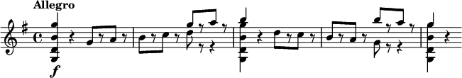 \relative c''' {  \tempo "Allegro"  \key g \major  <g b, d, g,>4\f r g,8[ r a] r |  b8[ r c] r      << { g'8[ r a] r | b4 } \\ { d,8 r r4 | <g b, d, g,>4 } >>  r4 d8[ r c] r |  b8[ r a] r      << { b'8[ r a] r | g4 } \\ { g,8 r r4 | <g' b, d, g,>4 } >>  r4}