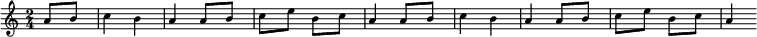   \new Staff \with { midiInstrument = "fx 1 (rain)" \magnifyStaff #5/7 }  \relative a' {     \set Score.tempoHideNote = ##t    \key a \minor    \time 2/4    \tempo 4 = 92     \partial 4 a8 b c4 b a a8 b c e b c a4 a8 b c4 b a a8 b c e b c a4  }  \layout {    \context {      \Score      \override SpacingSpanner.base-shortest-duration = #(ly:make-moment 1/128)    }  }