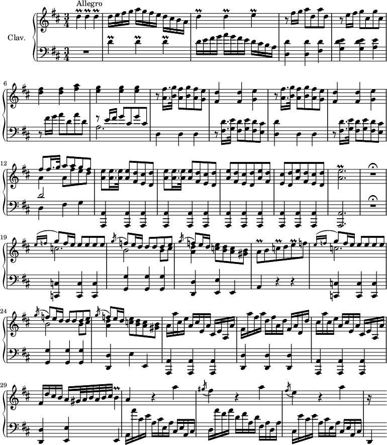 \version "2.18.2"\header {  tagline = ##f}%% les petites notestrillD = { \tag #'print { d4\prall } \tag #'midi { \times 2/3 { e32 d e } d16~ d8 } }trillE = { \tag #'print { e4\prall } \tag #'midi { \times 2/3 { fis32 e fis } e16~ e8 } }trillB = { \tag #'print { b4\prall } \tag #'midi { \times 2/3 { cis32 b cis } b16~ b8 } }trillEacc = { \tag #'print { < a' e' >2.\prall } \tag #'midi { << { fis32 e fis e fis e~ e16~ e8~ e4 } \\ { a2. } >> } }trillAq = { \tag #'print { a8\prall } \tag #'midi { \times 2/3 { b32 a b } a16 } }trillCq = { \tag #'print { c8\prall } \tag #'midi { \times 2/3 { d32 c d } c16 } }trillEq = { \tag #'print { e8\prall } \tag #'midi { \times 2/3 { f32 e f } e16 } }upper = \relative c'' {  \clef treble   \key d \major  \time 3/4  \tempo 4 = 82  \set Staff.midiInstrument = #"harpsichord"     s8*0^\markup{Allegro}     \trillD \trillD \trillD | d16 e fis g a g fis e d cis b a | \trillD \trillD \trillE | r8 fis16 g a8 d, a' d, |     % ms. 5     r8 e16 fis g8 cis, g' cis,  | < d fis >4 q < fis a > | < e g > q q | \repeat unfold 2 { r8 < a, fis' >16. < b g' >32 < a fis' >8 < b g' > < a fis' > < g e' > | < fis d' >4 q < g e' > }     % ms. 12     << { fis'8 fis16. g32 a8 a g fis } \\ { a,4 a8 fis' e d } >> | \repeat unfold 2 { < a e' >8 q16. q32 q8 < fis d' > <  e cis' > < d d' > } |     % ms. 15     \repeat unfold 3 { < a' e' >8 < fis d' > <  e cis' > < d d' > } | \trillEacc | R2.\fermata     % ms. 19     << {  \grace { e'16( f } \stemUp g8) f16 e e8 e e e | \acciaccatura g16 f8 e16 d d8 d d e | \acciaccatura g16 f8 e16 d } \\ { c2. | b2 b8 cis | < a d >4 < c e >8 < b d > < a c > < gis b > } >> | \trillAq b8 \trillCq d8 \trillEq f8 |     % ms. 23     << {  \grace { e16( f } \stemUp g8) f16 e e8 e e e | \acciaccatura g16 f8 e16 d d8 d d e | \acciaccatura g16 f8 e16 d } \\ { c2. | b2 b8 cis | < a d >4 < c e >8 < b d > < a c > < gis b > } >> | a16 a' cis, e a, cis e, a cis, e a, a' |     % ms. 27     fis16 a' fis a d, fis a, d fis,a d, d' | cis a' cis, e a, cis e, a cis, e a, a' | fis d' cis b a gis32 a b a b cis \trillB |     % ms. 30     a4 r4 a'4 | \acciaccatura gis16 fis4 r4 a4 | \acciaccatura fis16 e4 r4 a4 | r16 s8.}lower = \relative c' {  \clef bass  \key d \major  \time 3/4  \set Staff.midiInstrument = #"harpsichord"      % ***********************      R2. | \trillD \trillD \trillD | d16 e fis g a g fis e d cis b a | < d, d' >4 q < fis d' > |      % ms. 5      < g d' e >4 q < a e' > | r8 fis'16 g a8 d, a' d, | << { r8 e16 fis g8 cis, g' cis, } \\ { a2. } >> | d,4 d d | r8 < fis d' >16. < g e' >32 < fis d' >8 < g e' > < fis d' > < e cis' > |       % ms. 10      < d d' >4 d d | r8 < fis d' >16. < g e' >32 < fis d' >8 < g e' > < fis d' > < e cis' > | << { d'2 } \\ { d,4 fis g } >> | \repeat unfold 4 { < a,, a'>4 q q } |  \tempo 4 = 60 q2. | R2.\fermata %\fermataMarkup       % ms. 19      \tempo 4 = 82      < c c' >4 q q | < g' g' > q q | < d d' > < e e' > e | a r4 r4  |      % ms. 23      < c, c' >4 q q | < g' g' > q q | < d d' > e' e, | < a, a' > q q |       % ms. 27      < d d' >4 q q | < a a' > q q | < d d' > < e e' > e |      % ms. 30      a16 a'' cis, e a, cis e, a cis, e a, cis | d a'' fis a d, fis a, d fis, a d, a' | cis, e' cis e a, cis e, a cis, e a, cis | d,4}thePianoStaff = \new PianoStaff <<    \set PianoStaff.instrumentName = #"Clav."    \new Staff = "upper" \upper    \new Staff = "lower" \lower  >>\score {  \keepWithTag #'print \thePianoStaff  \layout {      #(layout-set-staff-size 17)    \context {      \Score     \override SpacingSpanner.common-shortest-duration = #(ly:make-moment 1/2)      \remove "Metronome_mark_engraver"    }  }}\score {  \keepWithTag #'midi \thePianoStaff  \midi { }}