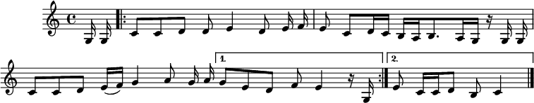 L:1/8M:4/4G,/G,/|: CCDD E2 DE/F/ | EC D/C/B,/A,/ B,>A,G,/z/ G,/G,/|CCD(E/F/) G2 AG/A/ |1| GEDF E2 z/G,/ :|2 EC/C/ DB, C2|]