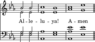 
<< <<
\new Staff { \clef treble \time 4/2 \key es \major \partial 1 \set Staff.midiInstrument = "church organ" \omit Staff.TimeSignature
  \relative c'' { << { bes2 2 | c1 bes | c1 es \bar"||" } \\ { es,2 2 | 1 1 | aes g } >> }
}
\new Lyrics \lyricmode { Al2 -- le -- lu1 -- ya! A -- men }
\new Staff { \clef bass \key es \major \set Staff.midiInstrument = "church organ" \omit Staff.TimeSignature
  \relative c' { << { g2 2 | aes1 g | <aes es'> es' } \\ { es,2 2 | aes,1 es' aes, es' } >> }
}
>> >>
\layout { indent = #0 }
\midi { \tempo 2 = 66 }
