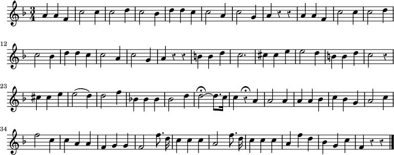 
\relative c'' {
  \override Rest #'style = #'classical
  \key f \major
  \time 3/4
  \autoBeamOff
  a a f
  c'2 c4
  c2 d4
  c2 bes4
  d d c
  c2 a4
  c2 g4
  a r r
  a a f
  c'2 c4
  c2 d4

  c2 bes4
  d d c
  c2 a4
  c2 g4
  a r r
  b b d
  c2.
  cis4 cis e
  e2 d4
  b b d
  c2 r4
  cis cis e
  e2( d4)

  d2 f4
  bes,! bes bes
  bes2 d4
  d2\fermata~ d8.[ c16]
  c4 r\fermata a
  a2 a4
  a a bes
  c bes g
  a2 c4
  f2 c4
  c a a
  f g g

  f2 f'8. d16
  c4 c c
  a2 f'8. d16
  c4 c c
  a f' d
  bes g c
  f, r r
  \bar "|."
}
