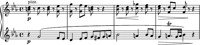 
{ \new PianoStaff <<
\new Staff \relative b' { \set Staff.midiInstrument = #"pizzicato strings" \key c \minor \clef treble \time 4/4 \set Score.tempoHideNote = ##t \tempo 4 = 50
 <b d>8 \p ^"pizz." r8 c8 r8 <b d>8 r8 <g es'>8 r8 | % 2
 <g g'>8 r8 <g f'>8 es'8 <b d>8 r8 r4 | % 3
 <bes es>8 \< r8 <bes d>8 r8 <c ges'>8 \! r8 <d f>8 r8 | % 4
 <c es>8 \> r8 <f, d'>8 c'8 <f, d'>8 r8 \! r4
 }
\new Staff \relative g' { \set Staff.midiInstrument = #"string ensemble 1" \key c \minor \clef treble \time 4/4
 r4 \p g2 (f8 es8 | % 2
 d4 es8 f8 g8 fis8 g8 a8 | % 3
 bes2 a4 bes8 a8 | % 4
 g4 \> a8. \trill g32 a32 bes4 ) r4 \! }
>> }
