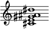 {
  % Rivin lopun pystyviiva ja tahtiosoitus piiloon.
  \override Score.BarLine.break-visibility = ##(#f #t #t)
  \override Staff.TimeSignature #'stencil = ##f
  
  <cis' e' gis' ais' dis''>1
}
