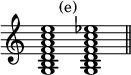 { \override Score.TimeSignature #'stencil = ##f \time 2/1 \relative g { <g b d f a c e>1^\markup { \halign #-3 (e) } <g b d f a c ees> \bar "||" } }