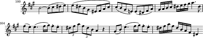 
\version "2.18.2"
\header {
 tagline = ##f
 % composer = "Mozart"
 % opus = "K. 622"
 % meter = "Allegro"
}

\score {
<<
 \relative c'' {
 \key a \major
 \time 4/4
 \override TupletBracket #'bracket-visibility = ##f 
 \set Score.currentBarNumber = #100
 \omit Staff.TimeSignature
 \bar ""
 \tempo 4 = 100
 %%%%%% K622
 b2~ b8( cis dis e) | e( dis b gis eis fis a cis) | cis( b gis e!) e( dis fis a) |
 gis16 a b cis dis e fis gis a4. dis,8 fis( e) e4.( fis16 gis) fis8-. e-. \times 2/3 { dis8 fis a } \times 2/3 {fis dis b} a4 r4
 gis8( b) e4.( fis16 gis) fis8-. e-. dis16 fis a fis dis b a fis dis4

 }
>>
 \layout {
 #(layout-set-staff-size 17)
 \context { \Score \remove "Metronome_mark_engraver" 
 \override SpacingSpanner.common-shortest-duration = #(ly:make-moment 1/2)
 }
 }
 \midi { \set Staff.midiInstrument = #"clarinet" }
}
