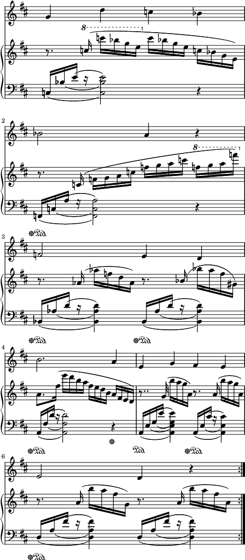 
sVarC = { << { \voiceOne c,16\sustainOff\sustainOn[bes' e] d\rest s4 }\new Voice { \voiceTwo \once \hide Stem c,4(c2) } \new Voice { \voiceTwo s16 \once \hide Stem bes'8(s16 bes2) } \new Voice { \voiceTwo s8 \slurUp \once \hide Stem e(e2) } >> \oneVoice r4 | 
<< { \voiceOne f,,16\sustainOff\sustainOn[c' a'] g\rest s4 } \new Voice { \voiceTwo \once \hide Stem f,4(f2) } \new Voice { \voiceTwo s16 \once \hide Stem c'8(s16 c2) } \new Voice { \voiceTwo s8 \slurUp \once \hide Stem a'(a2) } >> \oneVoice r4 | 
<< { \voiceOne bes,16\sustainOff\sustainOn[aes' d] c\rest s4 } \new Voice { \voiceTwo \once \hide Stem bes,4(bes) } \new Voice { \voiceTwo s16 \once \hide Stem aes'8(s16 aes4) } \new Voice { \voiceTwo s8 \slurUp \once \hide Stem d(d4) } >> 
<< { \voiceOne bes,16\sustainOff\sustainOn[aes' d] c\rest s4 } \new Voice { \voiceTwo \once \hide Stem bes,4(bes) } \new Voice { \voiceTwo s16 \once \hide Stem aes'8(s16 aes4) } \new Voice { \voiceTwo s8 \slurUp \once \hide Stem d(d4) } >> | 
<< { \voiceOne a,16\sustainOff\sustainOn[fis' d'] c\rest s4 } \new Voice { \voiceTwo \once \hide Stem a,4(a2) } \new Voice { \voiceTwo s16 \once \hide Stem fis'8(s16 fis2) } \new Voice { \voiceTwo s8 \slurUp \once \hide Stem d'(d2) } >> \oneVoice r4\sustainOff |
<< { \voiceOne a,16\sustainOn[e' g e'] s4 } \new Voice { \voiceTwo \once \hide Stem a,,4(a) } \new Voice { \voiceTwo s16 \once \hide Stem e'8(s16 e4) } \new Voice { \voiceTwo s8 \once \hide Stem g(g4) } \new Voice { \voiceTwo s8. \slurUp \once \hide Stem e'16(e4) } >> 
<< { \voiceOne a,,16\sustainOff\sustainOn[e' cis'] b\rest s4 } \new Voice { \voiceTwo \once \hide Stem a,4(a) } \new Voice { \voiceTwo s16 \once \hide Stem e'8(s16 e4) } \new Voice { \voiceTwo s8 \slurUp \once \hide Stem cis'(cis4) } >> |
<< { \voiceOne d,16\sustainOff\sustainOn[a' fis'] e\rest s4 } \new Voice { \voiceTwo \once \hide Stem d,4(d) } \new Voice { \voiceTwo s16 \once \hide Stem a'8(s16 a4) } \new Voice { \voiceTwo s8 \slurUp \once \hide Stem fis'(fis4) } >> 
<< { \voiceOne d,16[a' fis'] e\rest s4 } \new Voice { \voiceTwo \once \hide Stem d,4(d) } \new Voice { \voiceTwo s16 \once \hide Stem a'8(s16 a4) } \new Voice { \voiceTwo s8 \slurUp \once \hide Stem fis'(fis4) } >> | }

sVarB = { r8. \ottava #1 \set Staff.ottavation = #"8" \stemUp c,16( \stemDown c'[bes g e] \ottava #0 c[bes g e] c[bes g e]) | r8. \stemUp c16( \stemDown f[g a c] f[g a c] \ottava #1 f[g a f']) \ottava #0 \stemNeutral | r8. aes,,,16( aes'[f d aes]) r8. \stemUp bes16( \stemNeutral bes'[aes f gis,]) | 
a8.[ fis'16]( e'[d b a] fis[e d b] \stemUp a[fis e d]) | r8.. g32( \stemDown b'16[a g a,]) r8. \stemUp a16( \stemDown b'[a g a,]) | r8. \stemUp a16( \stemDown b'[a fis g,]) r8. \stemUp a16( \stemDown b'[a fis a,]) \stemNeutral | }

lVarA = \lyricmode { bo ko -- cham to "ple -" -- mię Raj wam "o -" -- "two -" -- rzę i o -- zło -- cę ziemię. }

lVarC = \lyricmode { czy za -- wsze "przy -" -- "świé -" -- ca I wód czy "za -" -- wsze Czy -- sta ich "kry -" -- "ni -" -- ca? }

sVarA = { g4 d' c bes | bes2 a4 r | f2 e4 d | b'2. a4 | e g fis e | e2 d4 r | }

sVarAk = {  }

lVarB = \lyricmode { bie -- rze się na "lo -" -- ty "Dzie -" -- cku na "u -" -- śmiech gwia -- zdzie na blask "zło -" -- ty. }

lVarD = \lyricmode { wam po wie -- szczem "sło -" -- wie Po łzach po "ro -" -- sie po pie -- śni "w dą -" -- "bro -" -- "wie. —" }

\paper { #(set-paper-size "a4")
 oddHeaderMarkup = "" evenHeaderMarkup = "" }
\header { tagline = ##f }
\version "2.18.2"
\score {
\midi {  }
\layout { line-width = #120
indent = 0\cm}
<<
\new Staff { \clef "violin" \key d \major \time 4/4 \override Staff.TimeSignature #'transparent = ##t \autoBeamOff \relative f' { \repeat volta 4 { \sVarA } \sVarAk } }
\new PianoStaff <<
  \new Staff { \clef "violin" \key d \major \time 4/4 \override Staff.TimeSignature #'transparent = ##t \relative a''' { \sVarB } }
  \new Staff { \clef "bass" \key d \major \time 4/4 \override Staff.TimeSignature #'transparent = ##t \relative d' { \sVarC } }
  >>
>> }