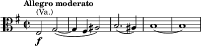  \relative e { \clef alto \key e \minor \time 2/2 \tempo "Allegro moderato" e2^\markup { (Va.)}_\markup { \dynamic f } g~( | g4 fis ais2) | b2.( ais4) | b1( | b) }