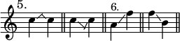 { \override Score.TimeSignature #'stencil = ##f \time 2/4 \mark \markup { \smaller "5." } \relative c'' { \once \override Glissando.bound-details.right.Y = #1.5 \once \override Glissando.bound-details.right.padding = #-0.5 c4\glissando \hideNotes \once \override Glissando.bound-details.left.Y = #1 \once \override Glissando.bound-details.left.padding = #-1 \grace c\glissando \unHideNotes c \bar "||" \once \override Glissando.bound-details.right.Y = #-0.5 \once \override Glissando.bound-details.right.padding = #-1 c\glissando \hideNotes \once \override Glissando.bound-details.left.Y = #-0.5 \once \override Glissando.bound-details.left.padding = #-1 \grace c\glissando \unHideNotes c \bar "||" \stemDown a^"6." \glissando f' \bar "||" f\glissando b, \bar "||" } }