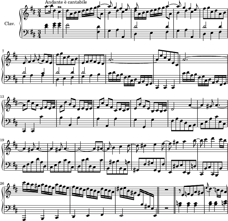 
\version "2.18.2"
\header {
 tagline = ##f
 % composer = "Domenico Scarlatti"
 % opus = "K. 478"
 % meter = "Andante è cantabile"
}

%% les petites notes
trillCis = { \tag #'print { cis4\prall } \tag #'midi { d32 cis d cis~ cis8 } }

upper = \relative c'' {
 \clef treble 
 \key d \major
 \time 3/4
 \tempo 4 = 76

 s8*0^\markup{Andante è cantabile}
 a'8. b16 d,4 \trillCis | d16 a b cis d e fis g 
 << { a4~ | a8 g4 fis e8 | fis s4. a4~ | a8 g4 fis e8 } 
 \\ { a8 a, | b4 d cis | d16 a b cis d e fis g a8 a, | b4 d cis } >>
 % ms. 6
 fis8 g cis, d a b | e,8 fis4 g8 \appoggiatura a16 g8 fis16 e | fis'8 g cis, d a b | e, fis g fis e d |
 % ms. 10
 a'2.~ | a8 e' cis a e cis | a'2.~ | a8 e' cis a e fis16 e32 fis |
 % ms. 14
 g8 d' b g d e16 d32 e | fis8 cis' a fis cis d16 cis32 d | e8 b' g e b cis16 b32 cis | d2 a'4~ | \repeat unfold 3 { a gis8 a4.~ } |
 % ms. 21
 a2~ a8 ais~ | ais b4 cis d8~ | d dis4 e fis8~ | fis gis4 a b8~ |
 % ms. 25
 b8 cis4 d cis16 b | cis b a gis \repeat unfold 2 { a gis fis e } | fis e d cis \repeat unfold 2 { d cis b a } | dis e b gis e \stemUp \change Staff = "lower" b gis e \stemNeutral \change Staff = "upper" s4 \bar "||" R2. \bar "||"
 % ms. 30
 
 % ms. 36
 r8 e'8 f e a gis | \appoggiatura e'16 d4. c16 b a4 |

}

lower = \relative c' {
 \clef bass
 \key d \major
 \time 3/4

 % ************************************** \appoggiatura a16 \repeat unfold 2 { } \times 2/3 { } \omit TupletNumber 
 < d fis >4 < e g > q | fis2 < fis, d' >4 | g a a, | << { d'2 d4 } \\ { d,4 e fis } >>
 % ms. 5
 g4 a a, | << { d'2 d4 | d2 cis4 | d2 d4 | d2 } \\ { d,4 e fis | g a a | d,4 e fis | g a b } >> 
 % ms. 10
 cis16 d a b fis g cis, d a b fis g | cis,4 cis cis | cis''16 d a b fis g cis, d a b fis g | cis,4 cis cis'' |
 % ms. 14
 b4 b, b' | a a, a' | g g, g' | fis8 a fis d a b | cis e a cis e, cis |
 % ms. 19
 d8 fis a d a d, | cis e a cis a cis, | d cis' d d, cis cis' | b, ais' b b, a a' | gis, fis' gis gis, fis fis' | e, dis' e e, d d' |
 % ms. 25
 cis, b' cis cis, b b' | a,4 b cis | d e fis | e2 e4 | R2. |
 % ms. 30
 < a' c >4 q q | < b d > q < c e >
 % ms. 36
 

}

thePianoStaff = \new PianoStaff <<
 \set PianoStaff.instrumentName = #"Clav."
 \new Staff = "upper" \upper
 \new Staff = "lower" \lower
 >>

\score {
 \keepWithTag #'print \thePianoStaff
 \layout {
 #(layout-set-staff-size 17)
 \context {
 \Score
 \override TupletBracket.bracket-visibility = ##f
 \override SpacingSpanner.common-shortest-duration = #(ly:make-moment 1/2)
 \remove "Metronome_mark_engraver"
 }
 }
}

\score {
 \keepWithTag #'midi \thePianoStaff
 \midi { \set Staff.midiInstrument = #"harpsichord" }
}
