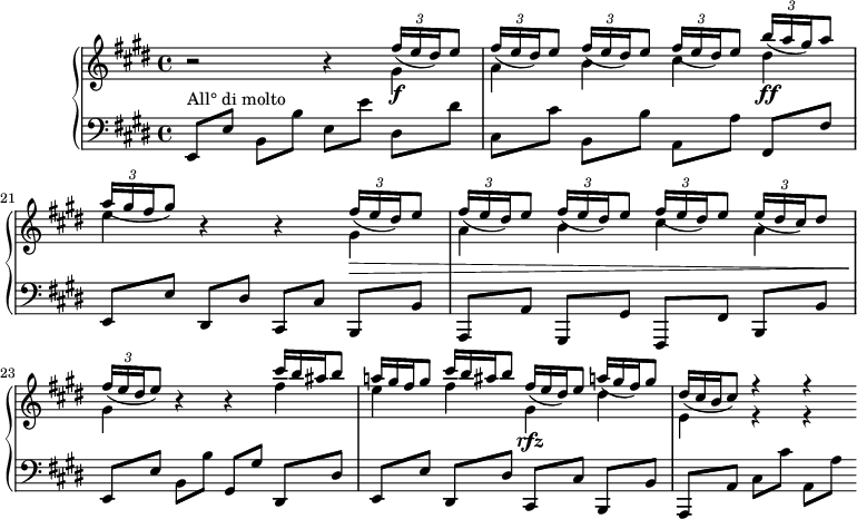 
\version "2.18.2"
\header {
  tagline = ##f
}
upper = \relative c'' {
  \clef treble 
  \key e \major
  \time 4/4
  \tempo 4 = 144 % noté 104 à la blanche mais c'est vraiment confus
  \set Score.currentBarNumber = #19
  \override TupletBracket.bracket-visibility = ##f
  %\autoBeamOff

   %%Montgeroult — Étude 109 (pdf p. 176)
   r2 r4
   << { \repeat unfold 4 { \times 2/3 { fis16_([ e dis) } e8] }  \times 2/3 { b'16_([\ff a gis) } a8] \times 2/3 { a16_([ gis fis } gis8]) } \\ { gis,4\f a b cis dis e } >>
   r4 r4
   << { \repeat unfold 4 { \times 2/3 { fis16_([ e dis) } e8] }  \times 2/3 { e16_([ dis cis) } dis8] \times 2/3 { fis16_([ e dis } e8]) } \\ { gis,4\> a b cis a gis\! } >>
   r4 r4
   << { \omit TupletNumber \times 2/3 { cis'16[ b ais } b8]  \times 2/3 { a!16[ gis fis } gis8] \times 2/3 { cis16[ b ais } b8] \times 2/3 { fis16_([\rfz e dis) } e8]  \times 2/3 { a!16_([ gis fis) } gis8] } \\ {  fis4 e fis gis, dis' } >>
   << { \omit TupletNumber \times 2/3 { dis16_([ cis b } cis8]) r4 r4 } \\ { e,4 r4 r4 } >>

}

lower = \relative c {
  \clef bass
  \key e \major
  \time 4/4

   e,8[^\markup{All° di molto} e'] b b' e,[ e'] dis, dis' cis,[ cis'] b, b' a,[ a'] fis, fis' e,[ e'] dis, dis' cis,[ cis'] b, b' a,[ a'] gis, gis' fis,[ fis'] b, b' e,[ e'] 
   b b' gis,[ gis'] dis, dis' e,[ e'] dis, dis' cis,[ cis'] b, b' a,[ a'] cis cis' a,[ a'] 

}

  \header {
    piece = ""
  }

\score {
  \new PianoStaff <<
    \new Staff = "upper" \upper
    \new Staff = "lower" \lower
  >>
  \layout {
    \context {
      \Score
      \remove "Metronome_mark_engraver"
  \override TupletBracket.bracket-visibility = ##f
    }
  }
  \midi { }
}
