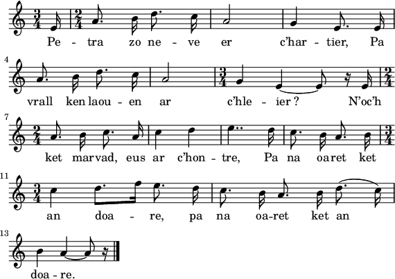 
\version "2.16.2"
\header {
  tagline = ##f
}
\score {
  <<
    \new Voice = "kan" {
      \autoBeamOff
      \relative c' {
        \clef treble
        \key a \minor
        \time 3/4
        \partial 16*1
        %\set melismaBusyProperties = #'()
        \override Rest #'style = #'classical
        %\tempo \markup { \italic {Allegro} }
        e16 | \time 2/4 a8. b16 d8. c16 | a2 g4 e8. e16 | \break
        a8. b16 d8. c16 | a2 | \time 3/4 g4 e4 ~ e8 r16 e | | \break
        \time 2/4 a8. b16 c8. a16 | c4 d | e4.. d16 | c8. b16 a8. b16 | \break
        \time 3/4 c4 d8. [f16] e8. d16 | c8. b16 a8. b16 d8. (c16) | \break
        b4 a4 ~ a8 r16 \bar "|."
      }
    }
    \new Lyrics \lyricsto "kan" 
    {
      %\override LyricText #'font-shape = #'italic

      Pe -- tra zo ne -- ve er c’har -- tier, 
      Pa vrall ken laou -- en ar c’hle -- ier_? 
      N’oc’h ket mar -- vad, eus ar c’hon -- tre, 
      Pa na oa -- ret ket an doa -- re,
      pa na oa -- ret ket an doa -- re.


    }
  >>
  \layout { 
    indent = #00
    line-width = #140
    ragged-last = ##t
  }
  \midi {
    \context {
      \Score
      tempoWholesPerMinute = #(ly:make-moment 80 4)
    }
  }
}
