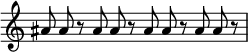 { \override Score.TimeSignature #'stencil = ##f \time 6/4 \autoBeamOff ais'8 ais' r ais' ais' r ais' ais' r ais' ais' r | }