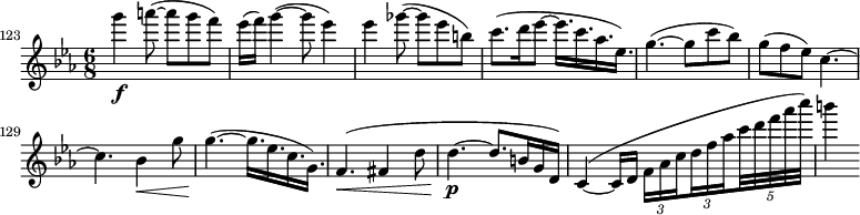 
\relative c''' \new Staff { \key es \major \clef "treble" \set Staff.midiInstrument = "violine" \set Score.tempoHideNote = ##t \tempo 4 = 96 \set Score.currentBarNumber = # 123 \bar "" \time 6/8 g'4\f a8( ~ agf) |  es16( f) g4( ~ g8 es4) |  es ges8( ~ ges es b) |  c8.( d16 es8 ~ es16. c als es) |  g4.( ~ g8 c bes) |  g(f es) c4.  ~ |  c bes4\< g'8 |  \set tupletSpannerDuration = #(ly:make-moment 1 8) \set subdivideBeams = ##t \override TupletBracket #'stencil = ##f g4.\!( ~ g16. es cg) |  f4.\<( fis4 d'8 | d4.\p( ~ d8. b16 gd) | c4\<( ~ c16 d \times 2/3 { f as cdf as } \times 4/5 { c32 df as c ) } | b4 }
