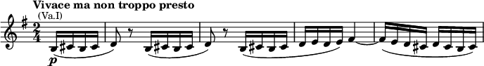 \relative c'{\time 2/4 \key g \major \tempo "Vivace ma non troppo presto" \partial4 b16\p(^\markup{\center-align \smaller (Va.I)} cis b cis d8) r b16( cis b cis d8) r b16( cis b cis d e d e) fis4~ fis16( e d cis d cis b cis)} 