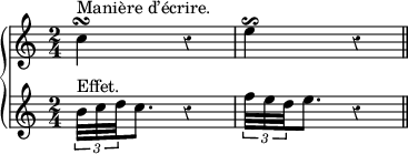 
\new GrandStaff \with {
  \remove Span_bar_engraver
} <<
  \new Voice = "manière d'écrire" \relative c'' {
    \override Rest #'style = #'classical
    \time 2/4
    c4\turn^"Manière d’écrire." r e\reverseturn r
    \bar "||"
  }
  \new Voice = "effet" \relative c'' {
    \override Rest #'style = #'classical
    \time 2/4
    \times 2/3 { b32^"Effet." c d } c8. r4
    \times 2/3 { f32 e d } e8. r4
    \bar "||"
  }
>>
