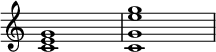  { \menimpa Skor.TimeSignature #'stensil = ##f \menimpa Skor.SpacingSpanner.ketat-note-spacing = ##t \mengatur Skor.proportionalNotationDuration = #(ly:membuat-saat 1/4) \waktu 4/4 \relatif c' { <c e g>1 <c g' e' g> } } 