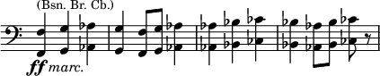 
\relative c, {\clef bass \key c \major \time 3/4 \omit Staff.TimeSignature \set Score.tempoHideNote = ##t \tempo "" 4=120 <f f'>4^\markup{\smaller {(Bsn. Br. Cb.)}}_\markup{\center-align \dynamic ff \italic marc.} <g g'> <as as'> <g g'> <f f'>8 <g g'> <as as'>4 <as as'> <bes bes'> <ces ces'> <bes bes'> <as as'>8[ <bes bes'>]
 <ces ces'>8 r}
