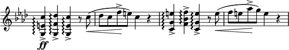 
\relative c'' \new Staff \with { \remove "Time_signature_engraver" } {
 \set Score.tempoHideNote = ##t \tempo "" 4=112 \key f \minor \time 4/4
 <c e, g,>4-> \ff \arpeggio <des f, g,>-> \arpeggio <c e, g,>-> \arpeggio r8 c\< (
 des c f-> \! e) c4 r
 <e g, c,>-> \arpeggio <f bes, f>-> \arpeggio <e g, c,>-> \arpeggio r8 e\< (
 f e aes-> \! g) e4 r
}
