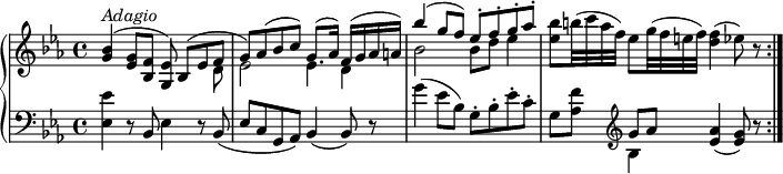 
\version "2.18.2"
\header {
 tagline = ##f
}
upper = \relative c'' {
 \clef treble
 \key ees \major
 \tempo "Adagio"
 \time 4/4
 \tempo 4 = 50
 <g bes>4^\markup{ \italic {Adagio} } ^( <ees g>8 <bes f'> <g ees'>)) 
 <<{\stemDown s4 d'8 ees2 ees4 d bes'2 bes8 d ees4 } \\ { \stemUp bes,8 ^(ees f g) aes ^ (bes c) g8. ^ (aes16) f ^(g aes a) bes'4 ^ (g8 f) ees ^\staccato f ^\staccato g ^\staccato aes ^\staccato}>>
 <ees bes'>8 b'32 (c aes f) ees8 g32 (f e f) <d f>4 (ees8) r \bar ":|."
}

lower =\relative c' {
 \clef bass
 \key ees \major
 <ees, ees'>4 r8 bes8 ees4 r8 bes8
 (ees c g aes) bes4 (bes8) r
 g''4 (ees8 bes) g-. bes-. ees-. c-.
 g [<aes f'>] \clef treble
 <<{\stemDown bes4} \\ { \stemUp g'8 aes }>> <ees aes>4 (<ees g>8) r \bar ":|."
}
\score {
 \new PianoStaff << 
 \new Staff = "upper" \upper
 \new Staff = "lower" \lower
 >>
 \layout {
 \context {
 \Score
 \remove "Metronome_mark_engraver"
 }
 }
 \midi { }
}
