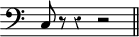 
\language "italiano"
\relative do {
\key do \major
\clef bass
\override Staff.TimeSignature #'stencil = ##f
\override Rest #'style = #'classical
 do8 r8 r4 r2  \bar "||" 
}
\header { tagline = ##f}
