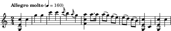 \relative c' {  \version "2.18.2"  \key c \major  \time 2/4   \tempo "Allegro molto" 4 = 160  <g e' c'>4 c' g' g c c   \appoggiatura c16 b4 \appoggiatura a16 g4 <f, c' a'>4 a'8. a16   a8 (g) f (e) e (d)  c (b) <g, e' c'>4 c <g e' c'>4 c'} 