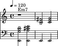 Q:1/4 = 120

L:1/2

 V:1
 "Em7" z2 |[B,D ^F] [CEG]|
 V:2 clef=bass
 [E,, G, B, D] [E,, A,^C E] | E,, E,,|
