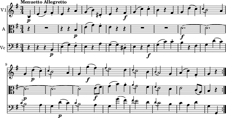 
<< \new Staff \with { instrumentName = #"V1"}
 \relative c'' {
    \version "2.18.2"
    \key g \major 
    \tempo "Menuetto Allegretto"
    \time 3/4
    \tempo 4 = 160
  \partial4 b,4\p 
  e (g) fis-.
  e r a
  g (b) dis,-.
  e r fis\f
  g (c) c-.
  b r fis
  g d'(c)
  \grace c4 (b2) a4
  g d'\p (c)
  \grace c4 (b2) a4
  g g'\f (fis)
  \grace fis4 (e2) d4
  \grace d4 (c2) b4
  \grace b4 (a2) g4
  a (c) fis,-.
  g r \bar ":|."
}
\new Staff \with { instrumentName = #"A "} \relative c' {
    \key g \major 
    \clef "alto"
    \partial4 r4 R1*3/4
    r4 r b \p
    e (g) fis-.
    e r r
    R1*3/4 R1*3/4
    d2.\f ~ d ~ d \p ~ d ~ d2 e8\f (fis)
    g4 (b) a-. 
    \grace a4 (g2) fis4
    \grace fis4 (e2) d4
    e2 c8 (a)
    b4 r \bar ":|."
 }
 \new Staff \with { instrumentName = #"Vc "} \relative c' {
    \key g \major 
    \clef "bass"
    \partial4 r4 r r b, \p
    e (g) fis-. 
    e r a
    g (g) dis-.
    e r fis\f
    g (c) c-.
    b r fis
    g d' (c)
    \grace c4 (b2)  a4 
    g d'\p (c)
    \grace c4 (b2)  a4 
    g g' (fis)
    \grace fis4 (e2) d4
    \grace d4 (c2) b4
    c a d
    g, g, \bar ":|."  
 } 
>>
