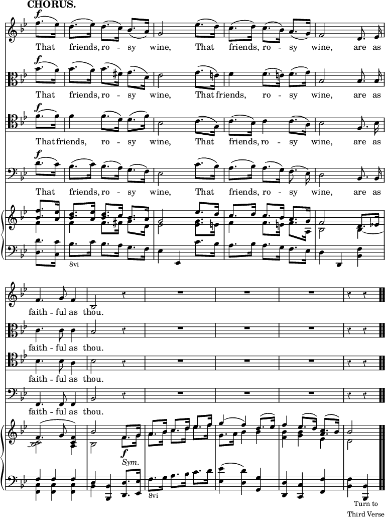 \version "2.18.2"
#(set-global-staff-size 17)

\header { tagline = ##f }

\layout { indent = #0 }

\new Score { <<
\new Staff \relative f'' { \key bes \major \time 3/4 \partial 4 \override Score.TimeSignature #'stencil = ##f \override Score.Rest.style = #'classical \override Score.BarNumber #'break-visibility = #'#(#f #f #f) \mark \markup \bold "CHORUS." \autoBeamOff
  f8.[(^\f ees16)] | d8.[( ees16)] d8.[( c16)] bes8.[( a16)] |
  g2 ees'8.[( d16)] | c8.[( d16)] c8.[( bes16)] a8.[( g16)] |
  f2 d8. ees16 | f4. g8 f4 bes,2 r4 | R2.*3 r4 r }
\addlyrics { That friends, ro -- sy wine, That friends, ro -- sy wine, are as faith -- ful as thou. }
\new Staff \relative bes' { \key bes \major \clef alto \autoBeamOff
  bes8.[(^\f a16)] | bes8.[( a16)] bes8.[( fis16)] g8.[( d16)] |
  ees2 g8.[( e16)] | f4 f8.[( e16)] f8.[( g16)] | bes,2 bes8. bes16 |
  c4. c8 c4 | bes2 r4 | R2.*3 r4 r }
\addlyrics { That friends, ro -- sy wine, That friends, ro -- sy wine, are as faith -- ful as thou. }
\new Staff \relative f' { \clef tenor \key bes \major \autoBeamOff
  f8.[(^\f f16)] | f4 f8.[( d16)] d8.[( f16)] | bes,2 c8.[( g16)] |
  c8.[( bes16)] c4 c8.[( a16)] | bes2 f8. bes16 | bes4. bes8 a4 |
  bes2 r4 | R2.*3 r4 r }
\addlyrics { That friends, ro -- sy wine, That friends, ro -- sy wine, are as faith -- ful as thou. }
\new Staff \relative d' { \clef bass \key bes \major \autoBeamOff
  d8.[(^\f c16)] | bes8.[( c16)] bes8.[( a16)] g8.[( f16)] |
  ees2 c'8.[( bes16)] | a8.[( bes16)] a8.[( g16)] f8.( ees16)] |
  d2 bes8. bes16 | f4. f8 f4 | bes2 r4 | R2.*3 r4 r }
\addlyrics { That friends, ro -- sy wine, That friends, ro -- sy wine, are as faith -- ful as thou. }
\new PianoStaff <<
  \new Staff <<
    \new Voice \relative f'' { \key bes \major \stemUp
      <f bes,>8. <ees a,>16 |
      <d bes>8. <ees a,>16 <d bes>8. c16 bes8. a16 |
      g2 ees'8. d16 | c8. d16 c8. bes16 a8. g16 | f2 d8. ees!16 |
      f4.^( g8 <f c>4) | bes2 f8.\f g16 | a8. bes16 c8. d16 ees8. f16
      g4^( f) d8.^( ees16) | f4 ees8.^( d16) <c a>8.^( bes16) | bes2 }
    \new Voice \relative f' { \stemDown
      f4 | f f8. fis16 g8. d16 | ees2 <ees g>8. e16 |
      f4 f8. e16 f8. a,16 | bes2 bes4 _~ | <bes c>2 a4 |
      bes2 f'8._\markup \italic "Sym." g16 |
      a8. bes16 c8. d16 ees8. f16 | g,8. a16 bes4 bes |
      <bes f> <bes g> ees, | d2 } >>
  \new Staff \relative d' { \clef bass \key bes \major
    <d d,>8. <c c,>16 | bes8._\markup \small "8vi" c16 bes8. a16 g8. f16 |
    ees4 ees, c''8. bes16 | a8. bes16 a8. g16 f8. ees16 |
    d4 d, <bes' f'> | << { f' f f d } \\ { <c f,> q q bes } >>
    <bes bes,> <d d,>8. <ees ees,>16 |
    f8._\markup \small "8vi" g16 a8. bes16 c8. d16 |
    <ees ees,>4( <d d,>) <g, g,> | <d d,> <c c,> <f f,> |
    <f bes,>_\markup \small \center-column { "Turn to" "Third Verse" } <bes, bes,> \bar ".." } >>
>> }