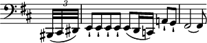 
\version "2.18.2"
\header {
  tagline = ##f
}

\score {
  \new Staff \with {

  }
<<
  \relative c {
    \clef bass
    \key b \minor
    \time 4/4
    \tempo 4 = 88
    \override TupletBracket #'bracket-visibility = ##f 
    \omit Staff.TimeSignature
    \set Score.currentBarNumber = #16
    \bar ""

     %%%%% thème méphistophélique
     \partial 16
     \times 2/3 { bis,32[( cis dis)] } e8-! e-! e-! e-! e( d16 c) a'!8-! g-! | fis2~ fis8

  }
>>
  \layout {
      #(layout-set-staff-size 17)
     \context { \Score \remove "Metronome_mark_engraver"
     \override SpacingSpanner.common-shortest-duration = #(ly:make-moment 1/2)
     }
  }
  \midi {}
}
