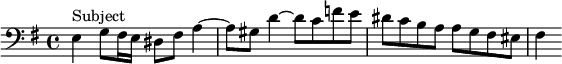 { \relative e { \clef bass \key e \minor \time 4/4
 e4^"Subject" g8 fis16 e dis8 fis a4 ~ |
 a8 gis d'4 ~ d8 c f e | dis c b a a g fis eis | fis4 } }