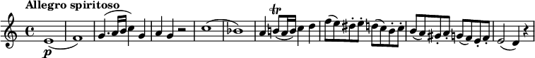 \relative c'' {  \version "2.18.2"    \key c \major    \time 4/4    \tempo "Allegro spiritoso"  e,1\p ( f )     g4. (a16 b  c4) g   a  g  r2   c1 (bes)   a4 b!8\trill (a16 b) c4 d   f8 (e) dis-. e-. d (c) b-. c-.   b (a) gis-. a-. g (f) e-. f-.   e2 (d4) r4  }