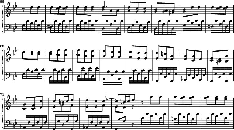 
\version "2.18.2"
\header {
  tagline = ##f
  % composer = "Domenico Scarlatti"
  % opus = "K. 461"
  % meter = "Allegro"
}

%% les petites notes
%trillBesp     = { \tag #'print { bes4.\prall } \tag #'midi { c32 bes c bes~ bes4 } }

upper = \relative c'' {
  \clef treble 
  \key bes \major
  \time 3/8
  \tempo 4. = 82
  \set Staff.midiInstrument = #"harpsichord"
  \override TupletBracket.bracket-visibility = ##f
  \set Score.currentBarNumber = #55
  \omit Staff.TimeSignature % cache la mesure
  \bar ":|."

      % s8*0^\markup{Allegro}
      r8 d8 d | d < c d > q | d < bes d > q | << { d4. } \\ { bes8 a a } >> | < a d >8 < g c > q |
      % ms. 60
      < g bes >8 < g a > \tempo 4. = 72 < fis a > | < g bes > \tempo 4. = 82 d'8 d | d < c d > q | d < bes d > q | q < aes f' >8 q |
      % ms. 65
      q < g ees' >8 q | q < f d' > q | q < ees c' > q | q < d b' > < d g > | q < c g' > d |
      % ms. 70
      < c ees >8 < b d > < b g' > | < c g' > < c f > < d c' > | << { c'8 b16 c d8 | s4 c8~ | c b16 c d8 } \\ { ees,8 g f | < ees d' >8 < ees c' > f8 |   \tempo 4. = 60 ees d \tempo 4. = 72 r8 } >> | r8 \tempo 4. = 82 g'8 g |
      % ms. 76
      g8 < f g > q | q < ees g > q |

}

lower = \relative c' {
  \clef bass
  \key bes \major
  \time 3/8
  \set Staff.midiInstrument = #"harpsichord"
  \override TupletBracket.bracket-visibility = ##f
  \omit Staff.TimeSignature

    % ************************************** \appoggiatura a16  \repeat unfold 2 {  } \times 2/3 { }   \omit TupletNumber 
      g16 d' bes d g, d' | fis, d' a d fis, d' | g,16 d' bes d g, d' | d, d' a d d, d' | ees, g c g ees c' |
      % ms. 60
      d,16 d' a d d, d' | g,16 d' bes d g, d' | fis, d' a d fis, d' | g,16 d' bes d g, d' | d, d' bes d d, d' |
      % ms. 65
      ees,16 ees' g, ees' ees, ees' | bes, bes' f bes bes, bes' | c, c' g c c, c' | \repeat unfold 3 { g, g' d g g, g' | aes, f' c f aes, f' } |
      % ms. 74
      g,8 g' r8 | c16 g' ees g c, g' |
      % ms. 76
      b,16 g' d g b, g' | c,16 g' ees g c, g' |

}

thePianoStaff = \new PianoStaff <<
    \set PianoStaff.instrumentName = #""
    \new Staff = "upper" \upper
    \new Staff = "lower" \lower
  >>

\score {
  \keepWithTag #'print \thePianoStaff
  \layout {
    indent = #0
      #(layout-set-staff-size 17)
    \context {
      \Score
     \override SpacingSpanner.common-shortest-duration = #(ly:make-moment 1/2)
      \remove "Metronome_mark_engraver"
    }
  }
}

\score {
  \keepWithTag #'midi \thePianoStaff
  \midi { }
}
