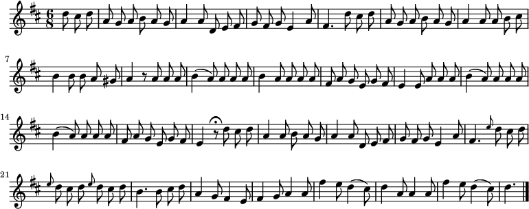 
\relative c'' {
  \key d \major
  \time 6/8
  \partial 4.
  \autoBeamOff
  d8 cis d
  a g a b a g
  a4 a8 d, e fis
  g fis g e4 a8
  fis4. d'8 cis d
  a g a b a g

  %tourne

  a4 a8 a b cis
  b4 b8 b a gis
  a4 r8 a a a
  b4( a8) a a a
  b4 a8 a a a
  fis a g e g fis
  e4 e8 a a a

  b4( a8) a a a
  b4( a8) a a a
  fis a g e g fis
  e4 r8\fermata d' cis d
  a4 a8 b a g
  a4 a8 d, e fis
  g fis g e4 a8

  fis4. \grace e'8 d cis d
  \grace e8 d cis d \grace e8 d cis d
  b4. b8 cis d
  a4 g8 fis4 e8
  fis4 g8 a4 a8
  fis'4 e8 d4( cis8)
  d4 a8 a4 a8
  fis'4 e8 d4( cis8)
  d4.
  \bar "|."
}
