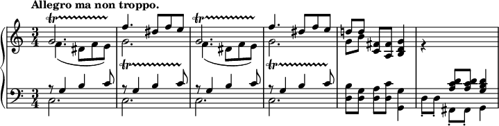 
\relative c'' {
 \new PianoStaff <<
 \new Staff {
 \key c \major \time 3/4 \set Score.tempoHideNote = ##t \tempo "Allegro ma non troppo." 4=78
 <<
 { 
 g2.*5/6\startTrillSpan \once \hideNotes g8\stopTrillSpan f'4. dis8 f e
 g,2.*5/6\startTrillSpan \once \hideNotes g8\stopTrillSpan f'4. dis8 f e
 d![ d] <fis, c> <fis a,> <g d b>4 e\rest s2
 }
 \\
 {
 f4.( dis8 f e) g2.*5/6\startTrillSpan \once \hideNotes g8\stopTrillSpan
 f4.( dis8 f e) g2.*5/6\startTrillSpan \once \hideNotes g8\stopTrillSpan g8[ b]
 }
 >>
 }
 \new Staff { \key c \major \time 3/4 \clef bass
 <<
 {
 r8 g,4 b c8 r g4 b c8 r g4 b c8 r g4 b c8
 s2. s4 <d c a>8 q <d b g>4
 }
 \\
 { c,2. c c c <b' d,>8[ <g d>] <a d,> <c d,> <g g,>4 d8-.[ d-.] fis,-. fis-. g4 }
 >>
 }
 >>
 }
