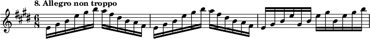 
%etude8
\relative e'
{  
\time 6/8
\tempo "8. Allegro non troppo"
\key e \major
e16 gis b e gis b a fis dis b a fis | e16 gis b e gis b a fis dis b a fis | e gis b e gis, b e gis b, e gis b |
}

