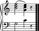 \new PianoStaff << \new Staff \relative { \time 4/4 \override Score.TimeSignature #'stencil = ##f \override Staff.Rest.style = #'classical <b' d f>2(<g c e>4) r \bar ".." } \new Staff { \clef bass \override Staff.Rest.style = #'classical g2 c'4 r } >>
