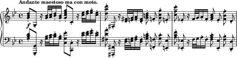 
\relative c'' {
  \new PianoStaff <<
   \new Staff { \key g \minor \time 4/4 \set Score.tempoHideNote = ##t \tempo "Andante maestoso ma con moto." 4=76
    <d bes g>8-. g,,-. r16 <bes' g>32 <c a> <d bes>16-. <bes g>-. <g' es c g>8-. c,,-. r16 <es' c>32 <f d> <g es>16-. <es c>-.
    \autoBeamOff <d' a d,>8-. fis,,,-. r16 <fis' d>32[ <g e> <a fis>16-. <fis d>-.] <d' b g>8-. f,-. <g' c, g>-. e,!-.
    <c'' f, c>-. es,,!-. r16 f32[ g a16-. f-.] <c' a f>8-. es,-. <f' bes, f>-. d,-.
   }
   \new Dynamics {
    s8-\f 
   }
   \new Staff { \key g \minor \time 4/4 \clef bass
    <d bes g>-. <g,, g,>-. r16 <bes' g>32 <c a> <d bes>16-. <bes g>-. <es g, c,>8-. <c, c,>-. r16 <es' c>32 <f d> <g es>16-. <es c>-.
    \autoBeamOff <a d, fis,>8-. <fis,, fis,>-. r16 <fis' d>32[ <g e> <a fis>16-. <fis d>-.] <d' b g>8-. <f, f,>-. <c' g>-. <e, e,>-.
    <f' c a>-. <es,! es,!>-. r16 f32[ g a16-. f-.] <c' a f>8-. <es, es,>-. <bes' f>-. <d, d,>-.
   }
  >>
 }
